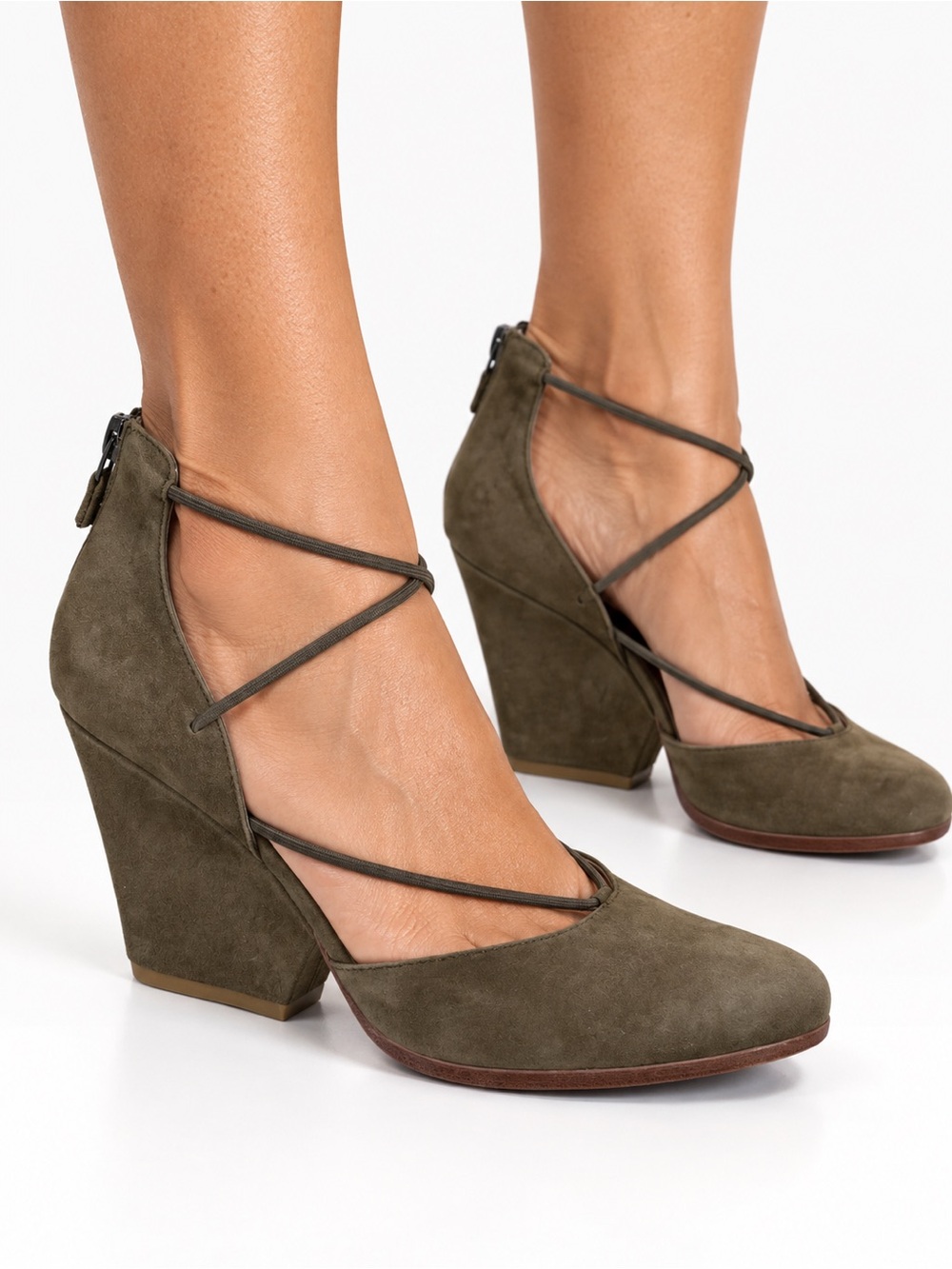 NEW EILEEN FISHER Olive Suede Crisscross Wedge Heels